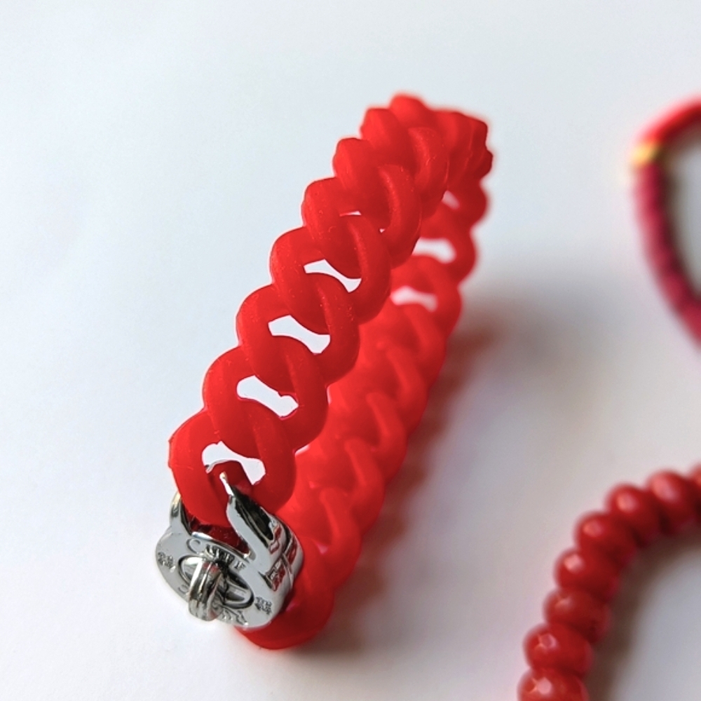 Rustic Cuff Set-3 Red Stacking Bracelets Silicone Links Polymer Clay Coral Beads - Picture 5 of 6